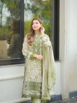 Aneela's 3-PC Premium Embroidered Lawn (Green) D-6045