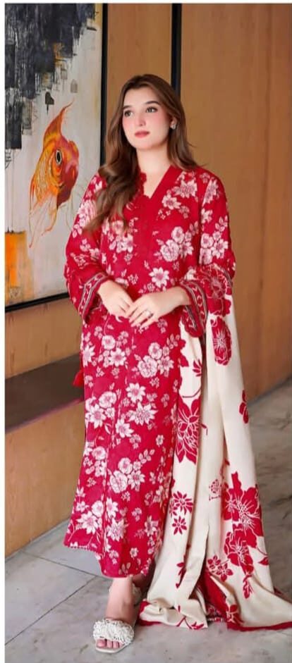 Aneela's 3-PC Premium Embroidered Lawn (Red) D-6054